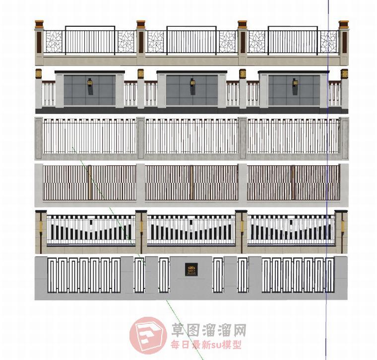 新中式围栏围墙SU模型 1