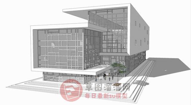 办公楼玻璃幕墙建筑SU模型 1