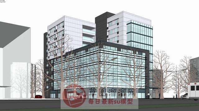 办公楼玻璃幕墙建筑SU模型 1