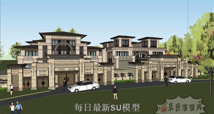 新中式别墅建筑SU模型 1