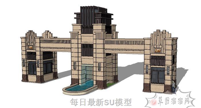 新中式入口大门SU模型 1
