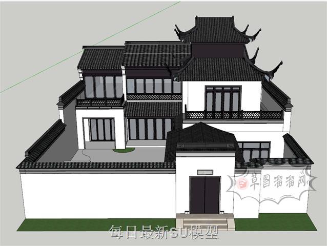 中式别墅庭院SU模型 1