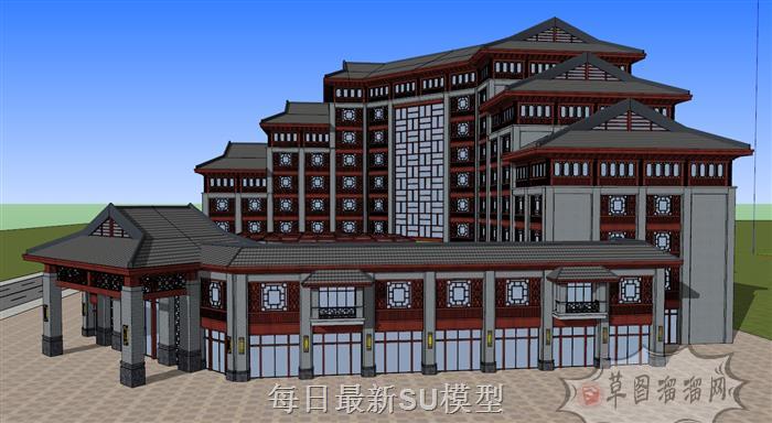 中式酒店建筑SU模型 3