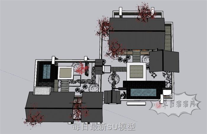 中式别墅庭院SU模型 1