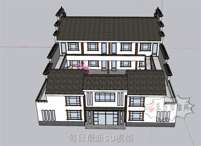 中式合院别墅SU模型 2