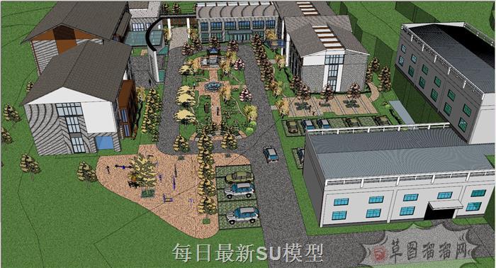 新中式办公区建筑SU模型 1