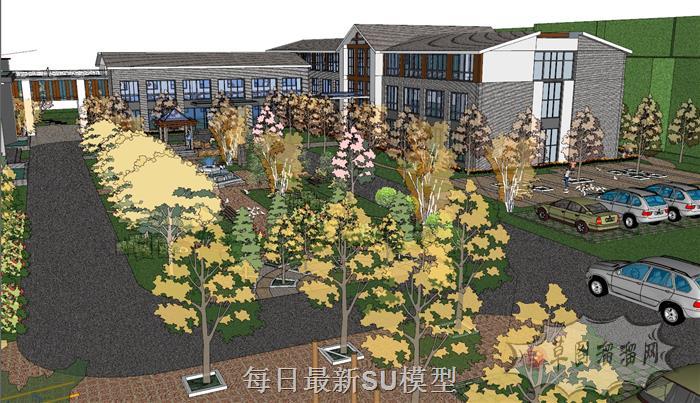 新中式办公区建筑SU模型 2