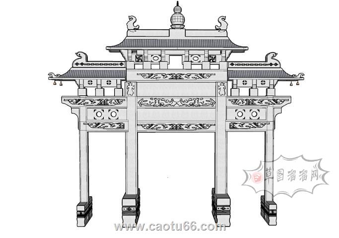 门头角花牌坊SU模型 1