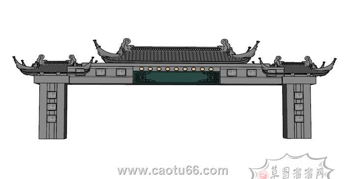 马头墙门楼大门SU模型 1