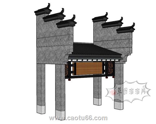 马头墙门楼牌坊SU模型 1