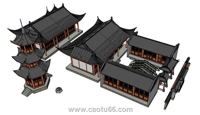 中式古建寺庙SU模型 1