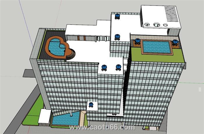 办公楼玻璃幕墙游泳池SU模型 2