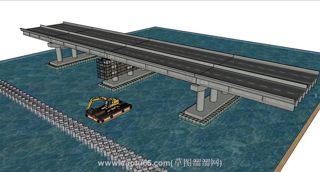 桥梁大桥挖掘机SU模型 1