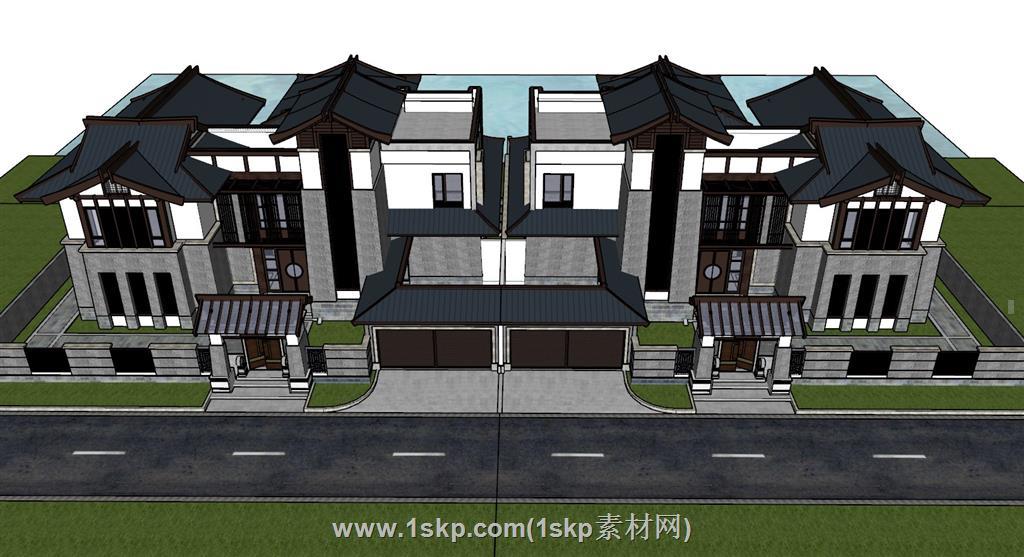 汉唐风格双拼别墅SU模型 1