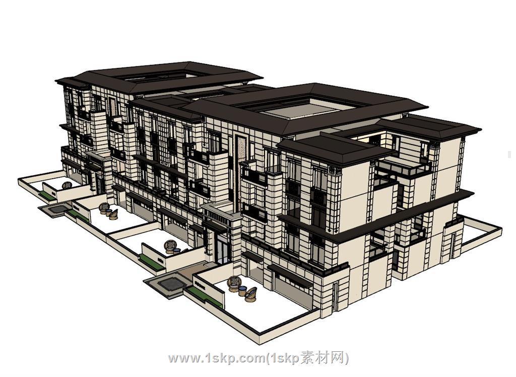 新中式联排别墅SU模型 2