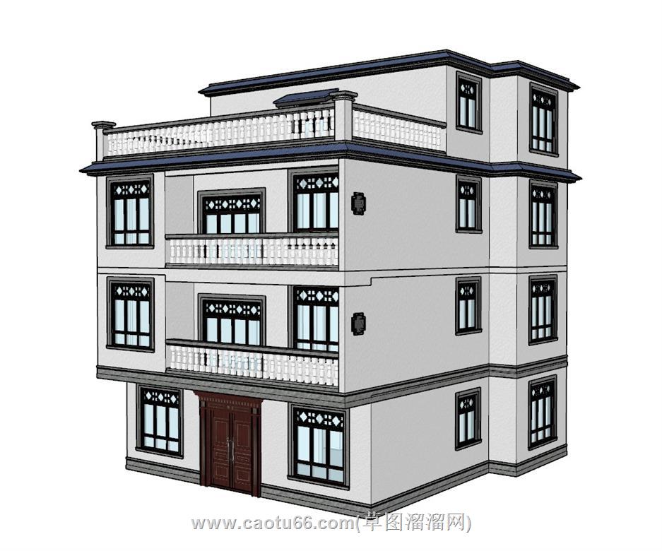 中式自建房三层半SU模型 1