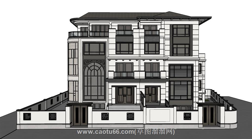 新中式双拼别墅SU模型 1