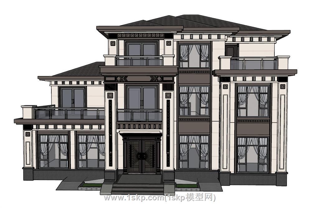 新中式独栋别墅SU模型 1