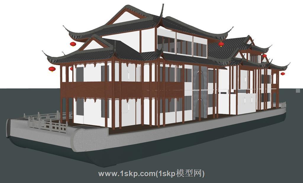 中式船屋建筑SU模型 2