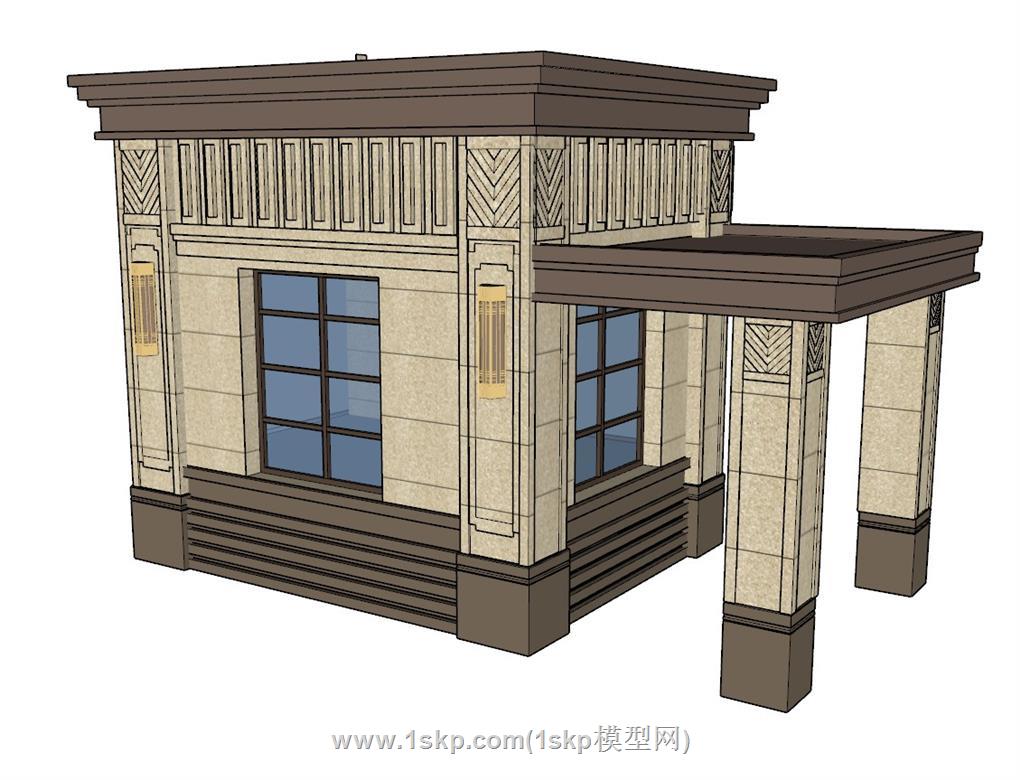 新中式门卫亭保安亭SU模型 1