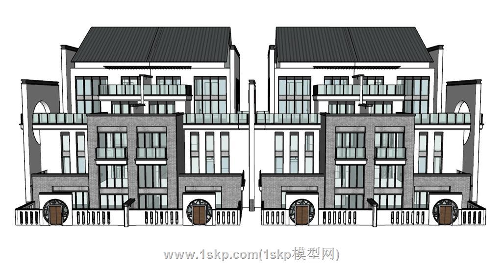 新中式双拼别墅SU模型 1