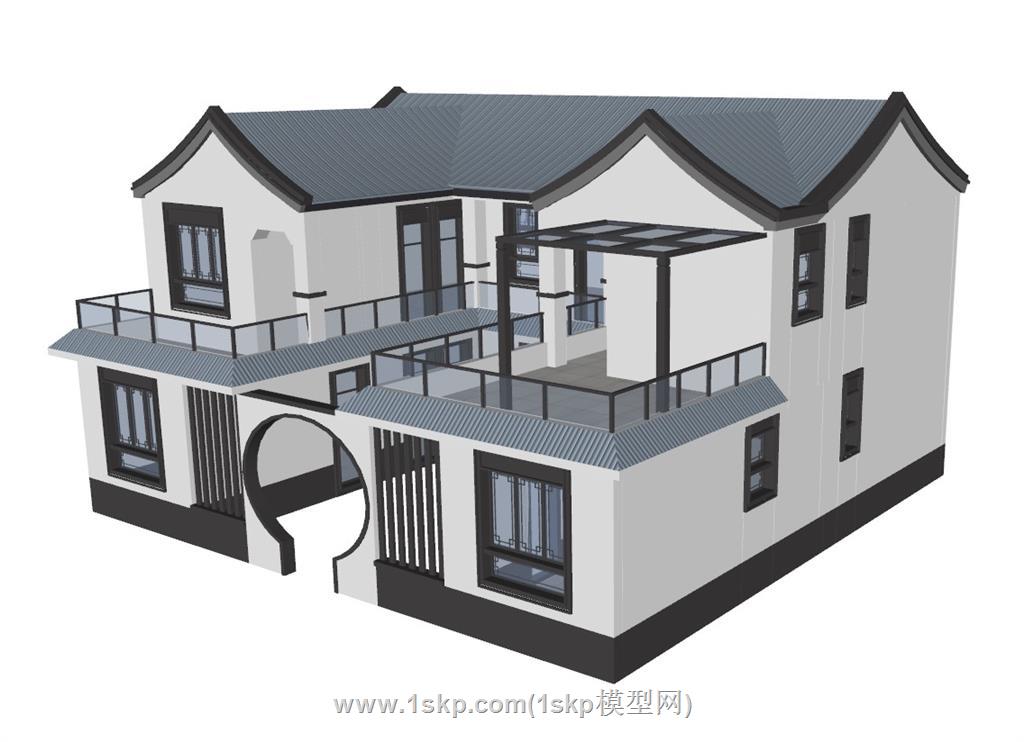 新中式月洞门别墅SU模型 2