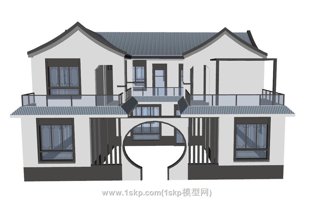 新中式月洞门别墅SU模型 1