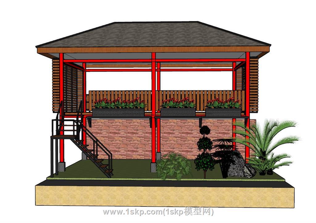 东南亚楼梯高脚屋SU模型 1