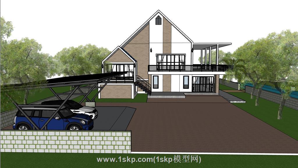 别墅庭院停车棚SU模型 1
