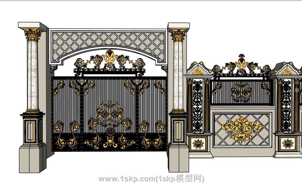 欧式铁艺门围墙SU模型 1