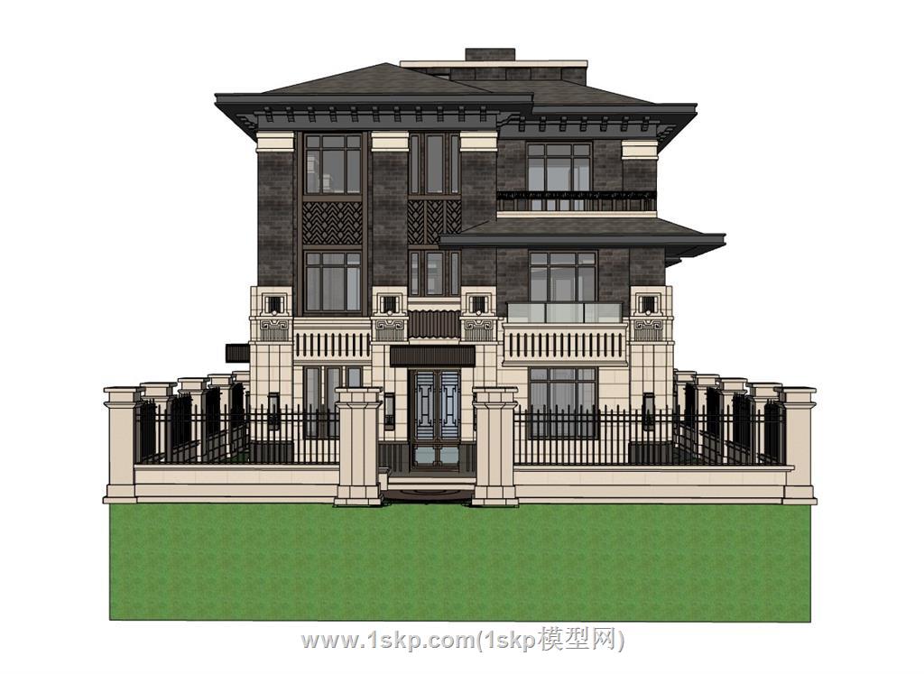 新中式古典别墅SU模型 1