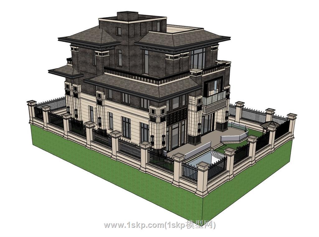 新中式古典别墅SU模型 3