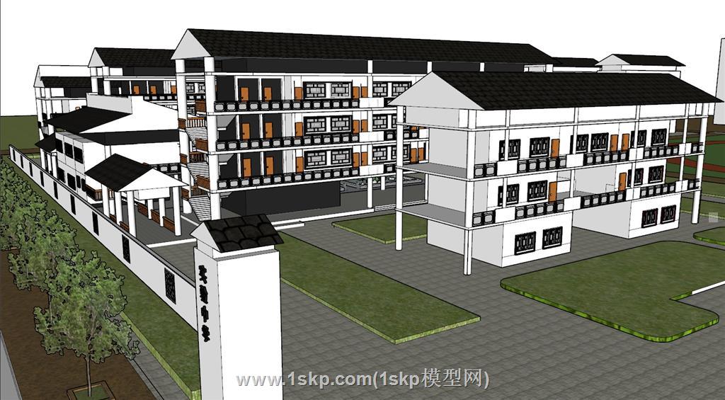 中式中学校园建筑SU模型 1