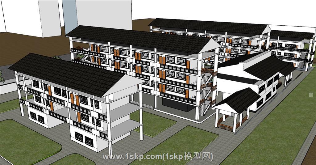 中式中学校园建筑SU模型 3