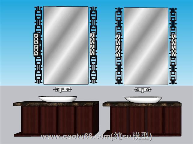 中式浴室柜洗手池SU模型 1